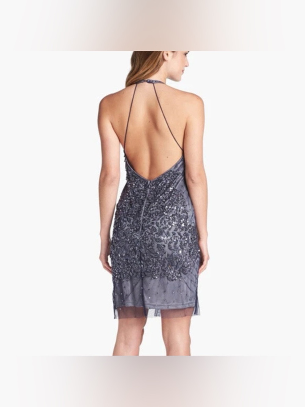 ADRIANNA PAPELL Evening NWT Embellished Grey Halter Open Back Cocktail Dress 10